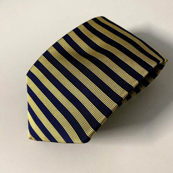 Brooks Brothers Makers Yellow Navy Tie Necktie Blue Striped Silk 56" 3.7… - Picture 1 of 5